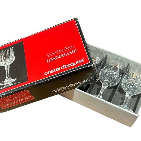 Vintage French D’Arques 4 Longchamp 2oz Crystal Diamond Cut Glasses In Box - Picture 2 of 10